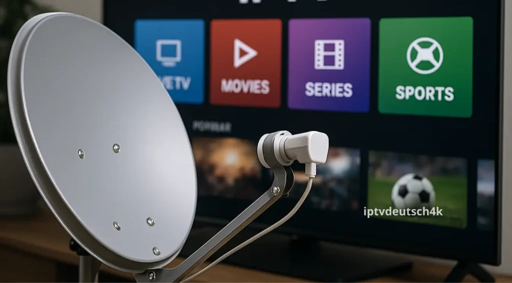 Realistische Darstellung von satellitenfernsehen bildqualität mit moderner IPTV-Integration.