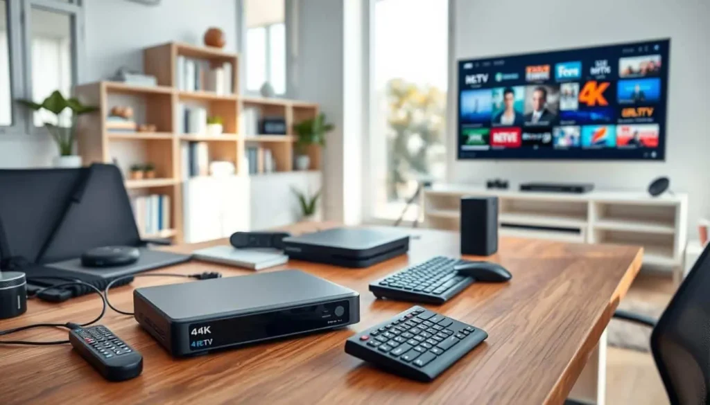 Ein 4K IPTV Player mit Fernbedienung und Tastatur auf einem Holztisch, im Hintergrund läuft ein Fernseher mit zahlreichen Serien- und Filmkanälen in hoher Auflösung.