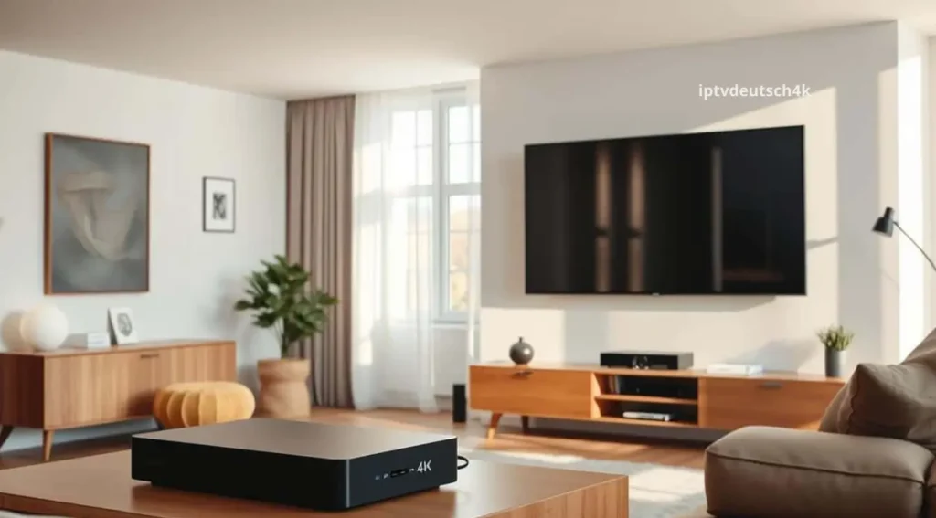 Wohnzimmer-Setup mit Smart-TV und kompakter 4K IPTV Player Box – Zugang zu Tausenden von Kanälen in brillanter Qualität.