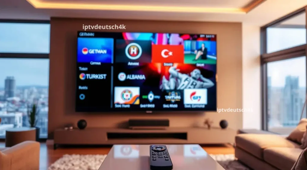 TV-Bildschirm mit verschiedenen Fernsehsendern – Darstellung einer großen Auswahl an IPTV Kanälen für flexibles Streaming.