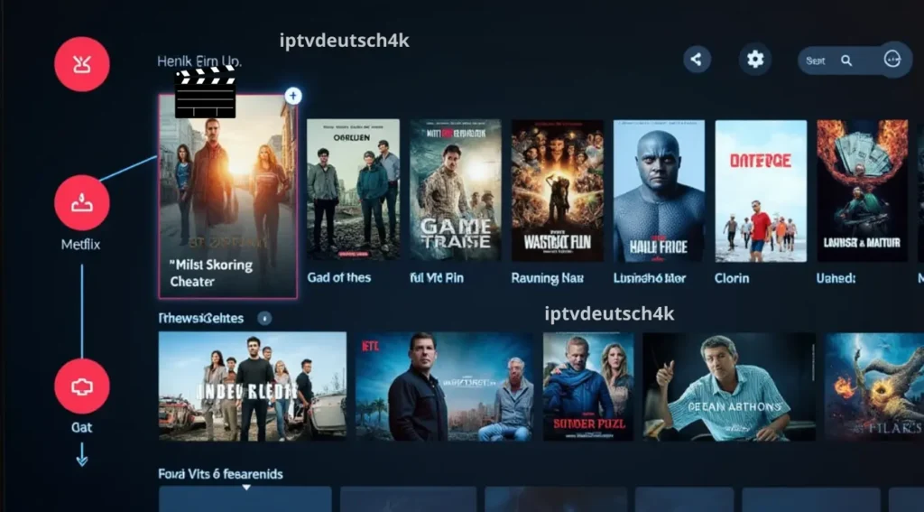 Smart-TV mit vielseitigen TV- und Filmkanälen aus einer erweiterten M3U Senderliste Deutsch, ohne Markenlogos.
