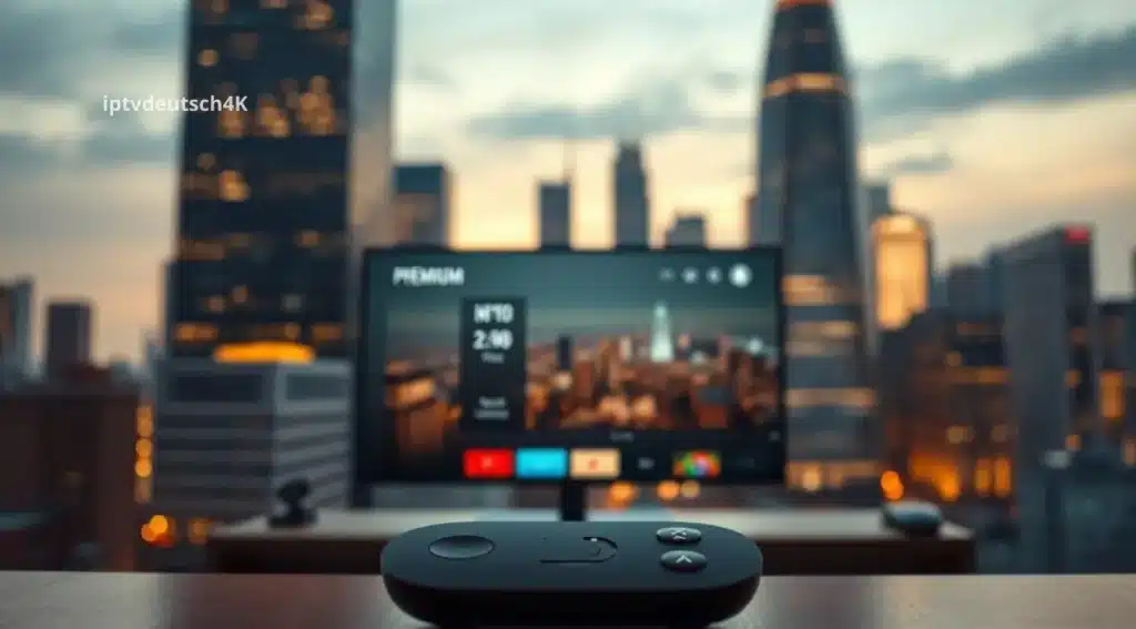 Smart IPTV Abo auf kompakter Streaming-Box mit großem Senderangebot und moderner TV-Oberfläche vor Skyline.