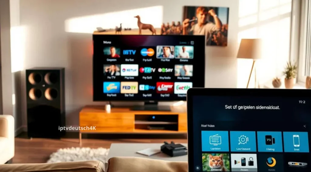 Darstellung eines Nutzers, der auf einem Fernseher IPTV nutzt – perfekt zur Erklärung der Frage: Wie kann man IPTV kaufen und direkt loslegen mit iptvdeutsch4k.