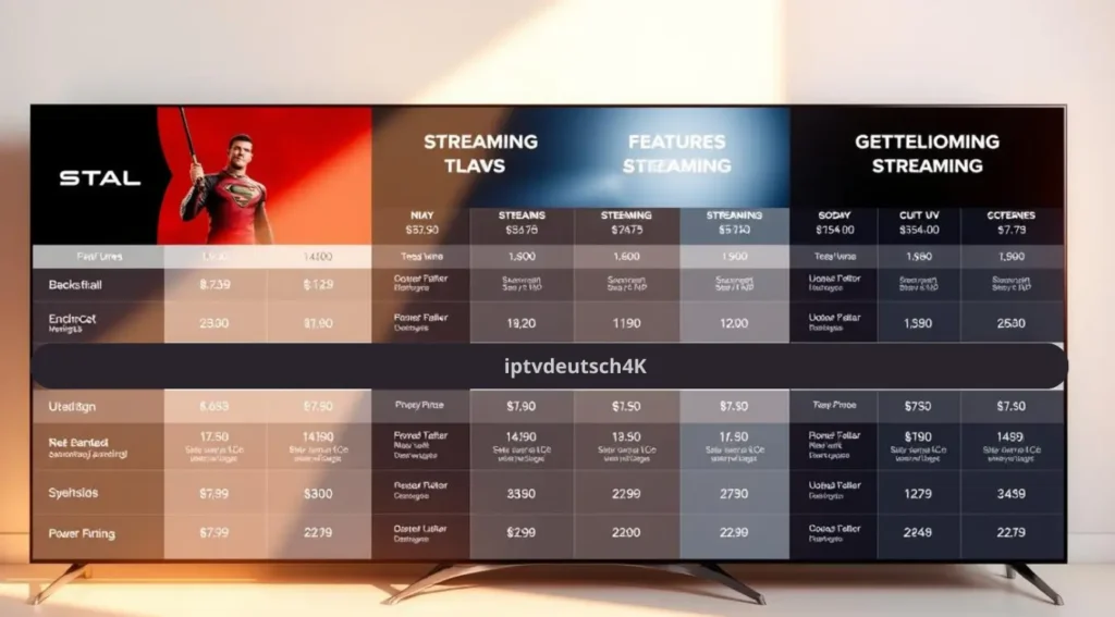 Vergleich verschiedener Pakete für abo für smart iptv auf einem großen Fernseher – zeigt Preise, Funktionen und Sender im Überblick.