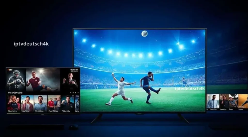 Sportübertragungen und Filmszenen auf einem Bildschirm – vielseitige Inhalte über deutsche IPTV Kanäle mit iptvdeutsch4K.