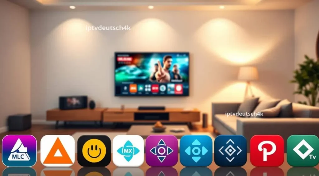 IPTV-Oberfläche mit sichtbaren Logos deutscher Fernsehkanäle – symbolisiert eine deutsche M3U Senderliste mit großer Auswahl.