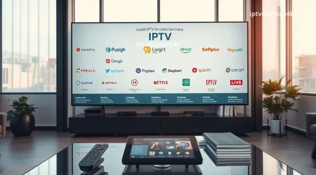 TV-Bildschirm voller Filmplakate und Serien – anschauliches Beispiel für einen deutscher IPTV Anbieter Vergleich im Bereich Unterhaltung.