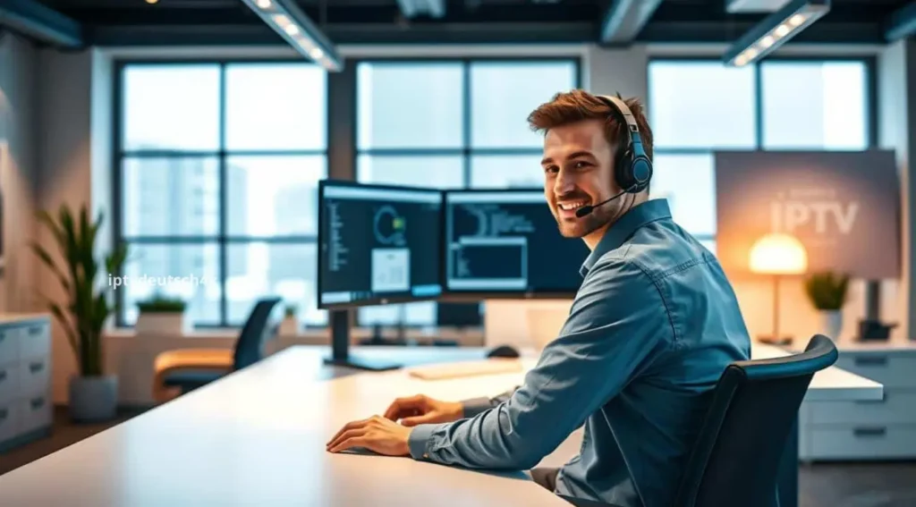 Kundensupport eines IPTV Anbieter Empfehlung mit Fokus auf zuverlässigen Service und moderne 4K-Streaming-Lösungen am Arbeitsplatz mit iptvdeutsch4K.