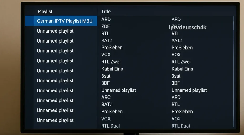 IPTV M3U Playlist für VLC mit deutschen TV-Sendern im Live-Stream auf einem Computerbildschirm, nutzerfreundlich und klar dargestellt.