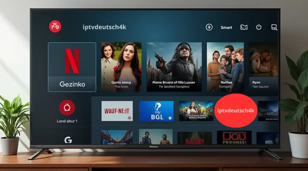 Smart-TV mit breiter Sender- und Filmübersicht – symbolische Darstellung einer vielfältigen IPTV Senderliste Sky M3