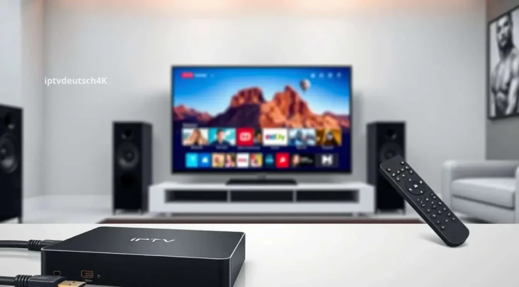 TV mit Set-Top-Box und zahlreichen sichtbaren TV-Kanälen – ideale Darstellung für alle, die smart IPTV kaufen und umfangreiche Sender genießen möchten mit iptvdeutsch4K.