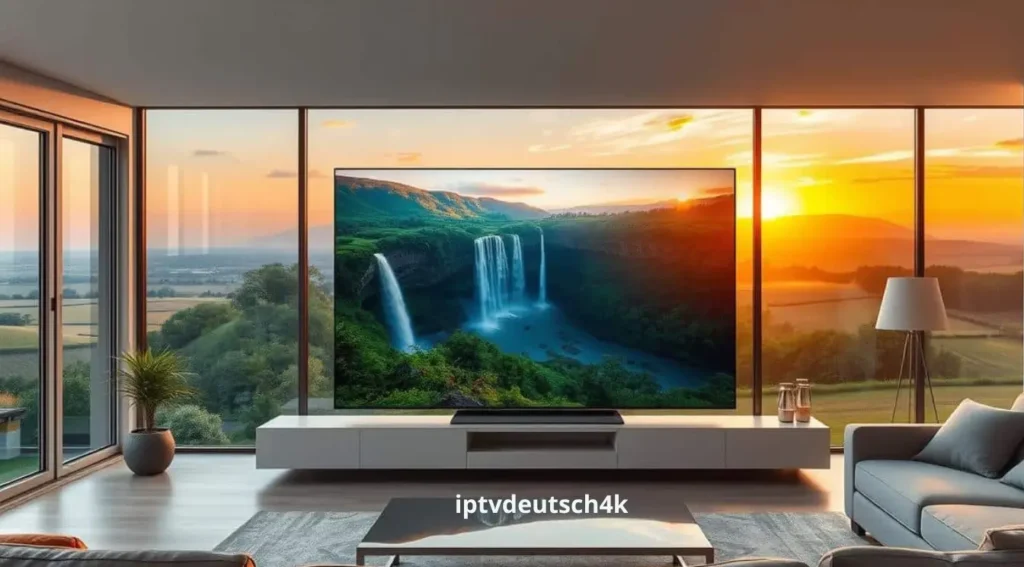 TV-Streaming in 4K über Deutsche IPTV – Naturfilm mit Wasserfall läuft in stilvoller Wohnatmosphäre mit iptvdeutsch4k.