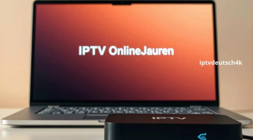 IPTV online kaufen mit iptvdeutsch4k– ein moderner Laptop neben einer IPTV-Box, beide zeigen eine Streaming-Oberfläche mit internationalen und deutschen Sendern in hoher Qualität mit beste preise.