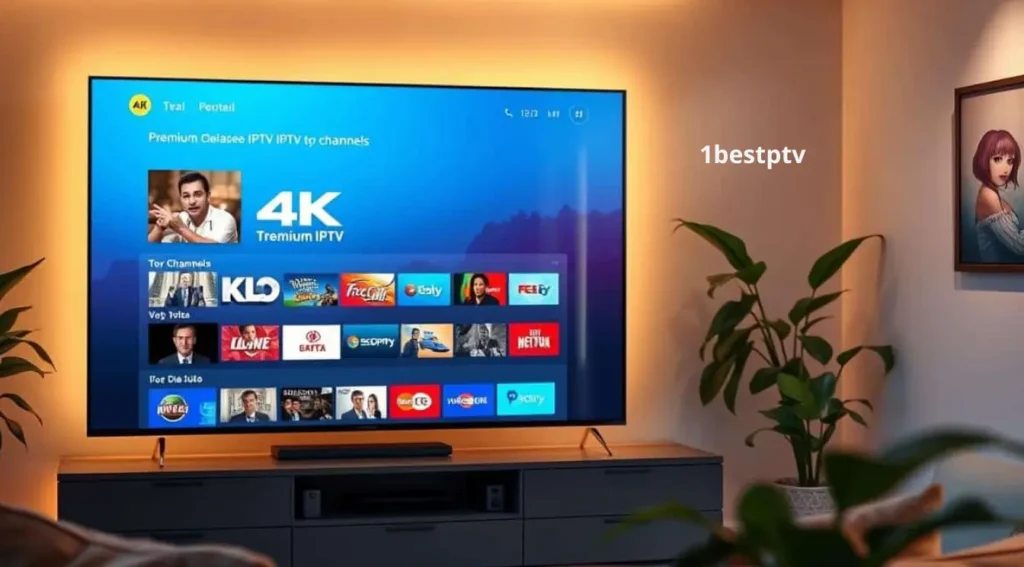 Smart-TV im Wohnzimmer zeigt Premium IPTV mit internationaler Kanalauswahl und 4K-Sendern beste preise mit iptvdeutsch4k