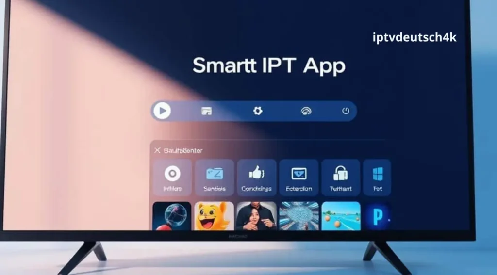Smart IPTV App kaufen auf Smart-TV nutzen – modernes Wohnzimmer mit übersichtlicher Streaming-App-Oberfläche und aktivem IPTV von iptvdeutsch4k.