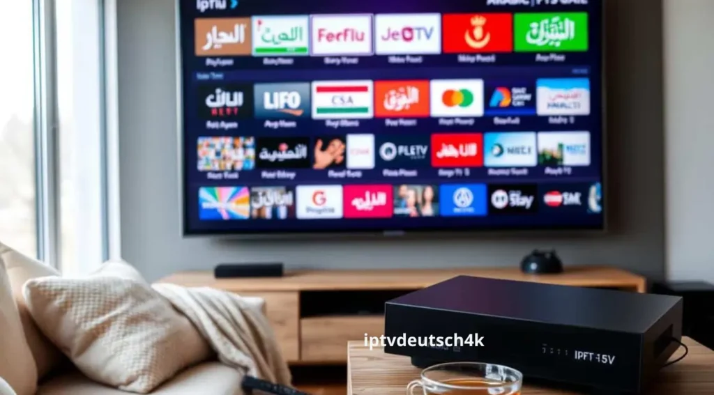 IPTV Germany Arabic Chanel – Wohnzimmer mit moderner IPTV-Box, auf dem Fernseher laufen zahlreiche arabische Sender in hoher Auflösung mit beste preise.
