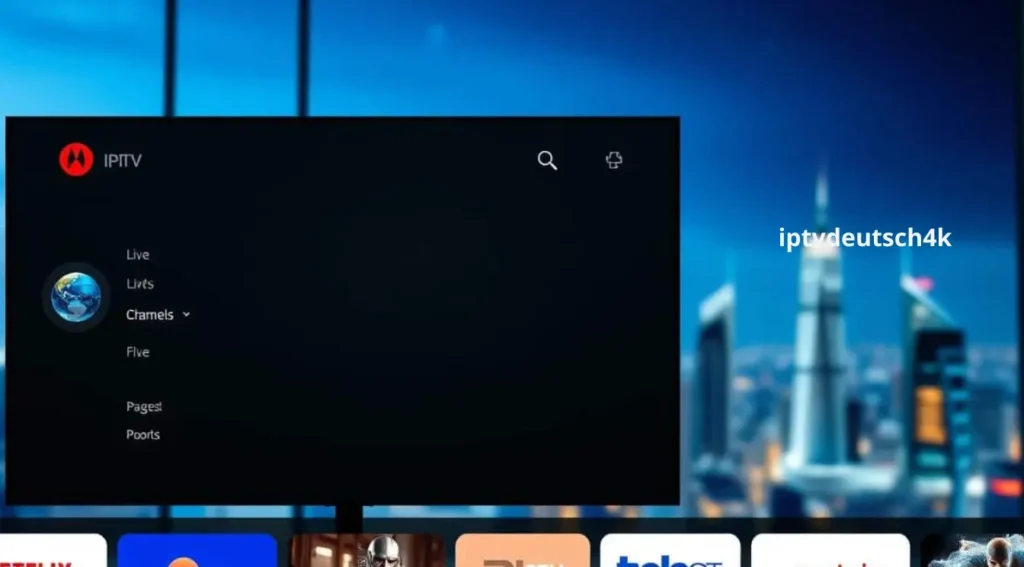 iptv m3u liste kaufen – ein moderner Fernseher zeigt eine große Auswahl an Kanälen mit Premium IPTV-Streaming Angeboten in 4K, mit iptvdeutsch4k und beste preise ideal für Nutzer, die hochwertige internationale und deutsche Inhalte suchen.