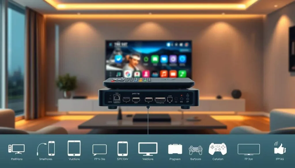 iptv stick kaufen – ein Smart-TV im Vordergrund, umgeben von mehreren kompatiblen Geräten wie Laptop, Tablet und Smartphone, alle integriert mit unserem IPTV-Service für grenzenloses Streaming in bester Qualität mit beste iptv in deutschland.