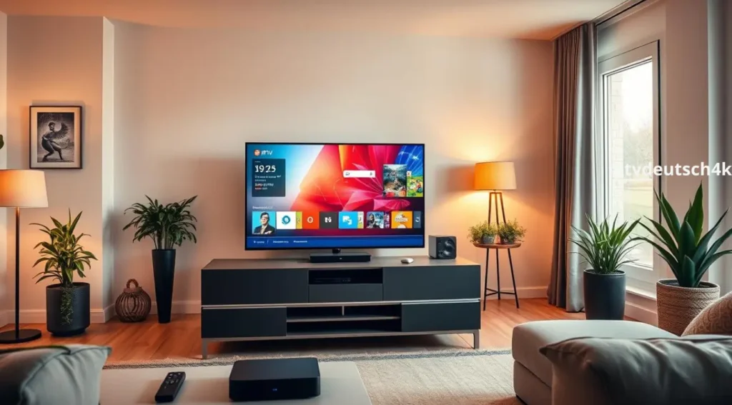 German IPTV Erfahrung im Wohnzimmer – Nutzer entspannt vor dem Fernseher und genießt beste Streamingqualität