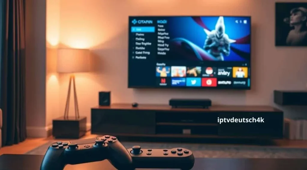 Kodi XBMC IPTV Benutzeroberfläche mit aktivierter M3U-Wiedergabeliste für Live-TV und Video-on-Demand auf einem Smart-TV