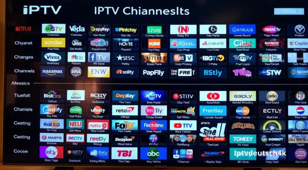 IPTV Senderlisten auf einem Smart-TV angezeigt – über 199.000 Kanäle und Serien in HD und 4K per Playlist streamen mit iptvdeutsch4k.