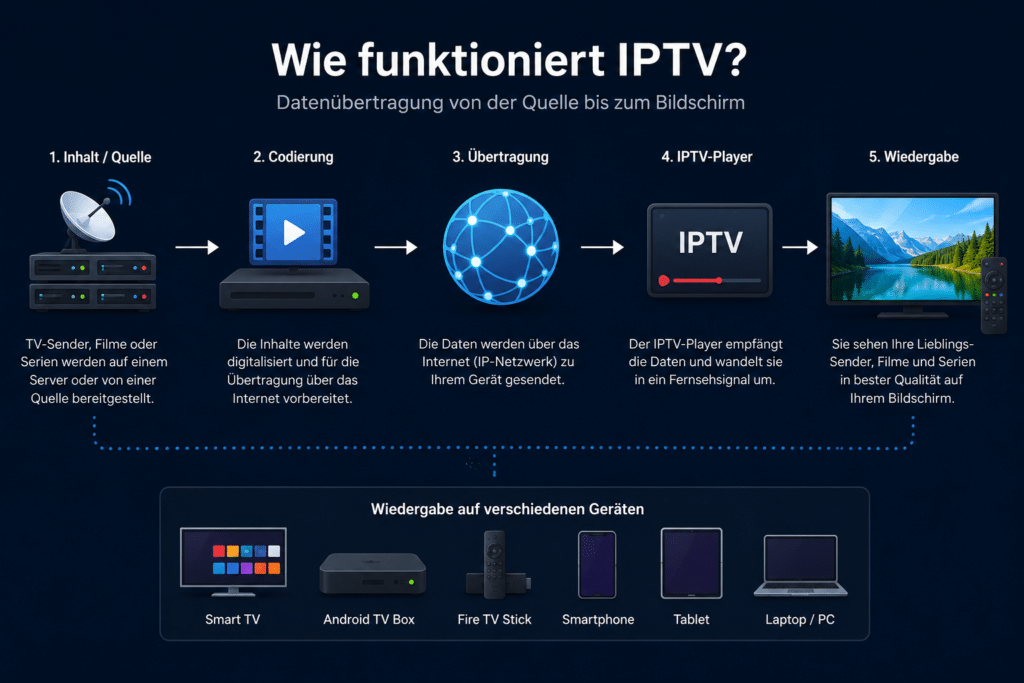Wie funktioniert eine M3U URL? Infografik zur Übertragung von IPTV-Inhalten über das Internet bis zum IPTV-Player.