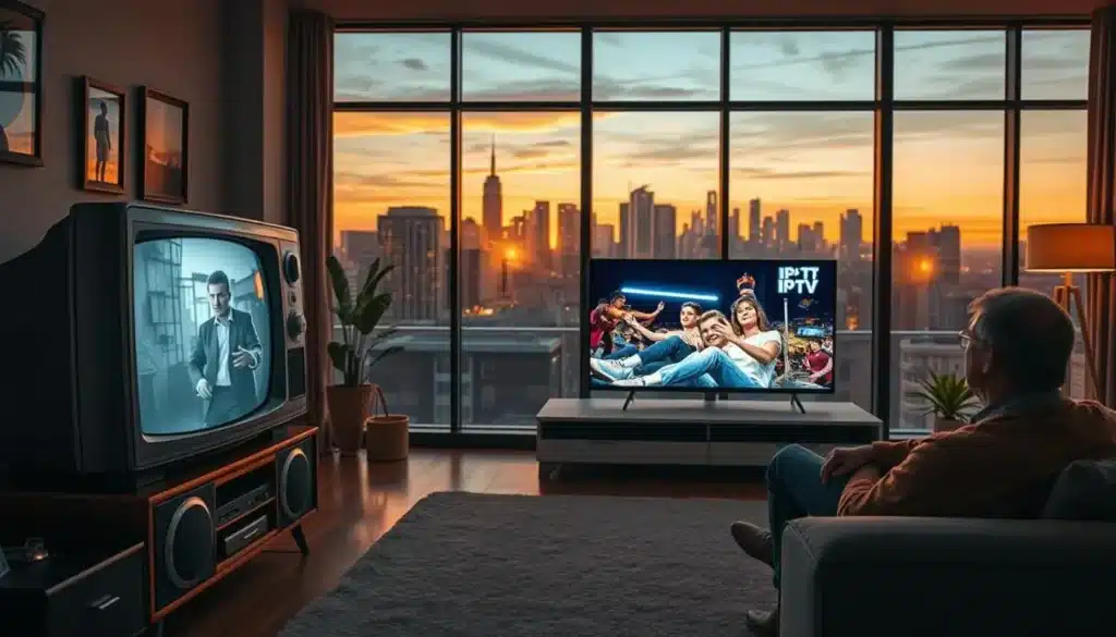 iptv wie funktioniert – Vergleich zwischen klassischem Fernsehen und moderner IPTV-Übertragung im Wohnzimmer