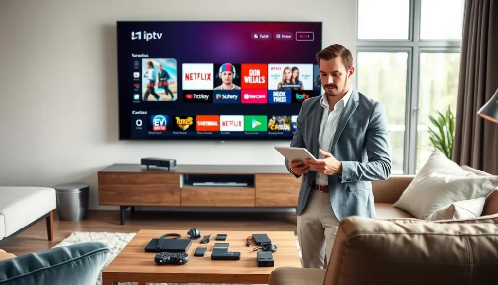 iptv app kostenlos auf Smart TV eingerichtet und Steuerung über Tablet im Wohnzimmer