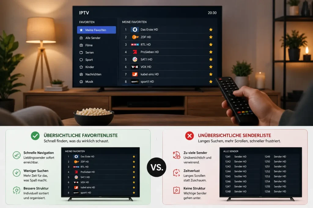 IPTV Übersicht mit organisierter Favoritenliste und schneller Sendernavigation